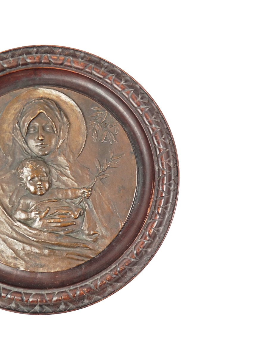 La madone de l'olivier bas-relief en bronze & bois Art Nouveau début XXe-photo-4