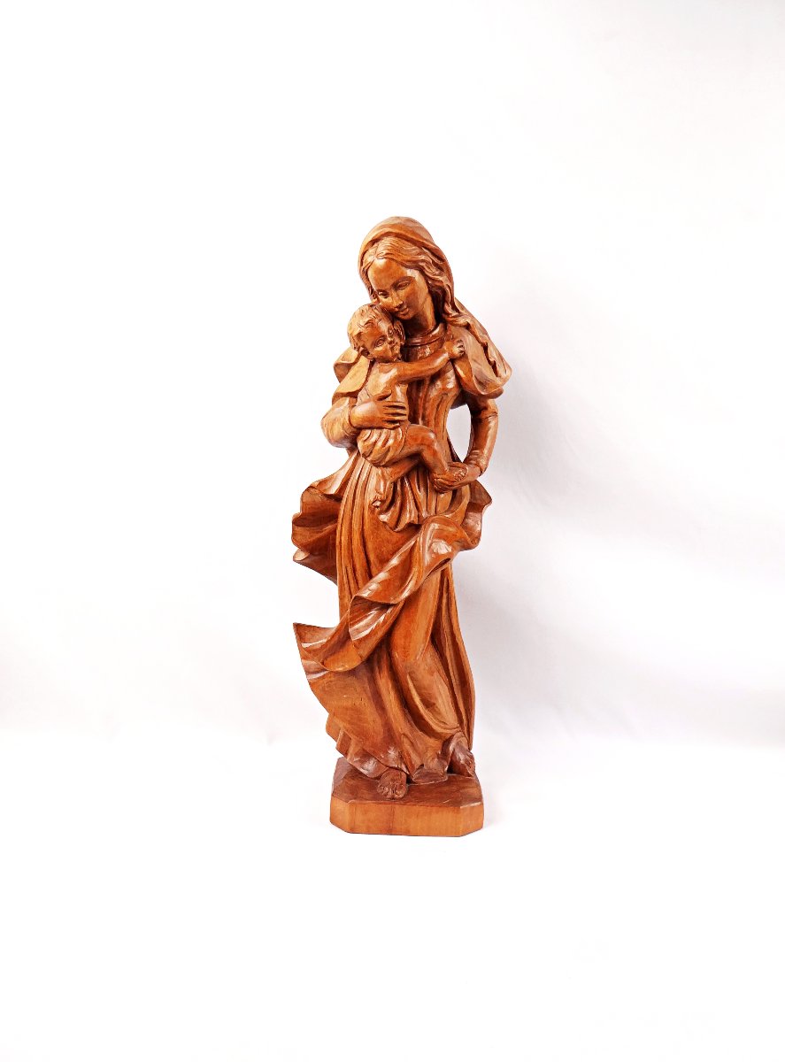 Vierge à l'Enfant en bois de tilleul sculpté Allemand Art religieux du Tyrol milieu XXe