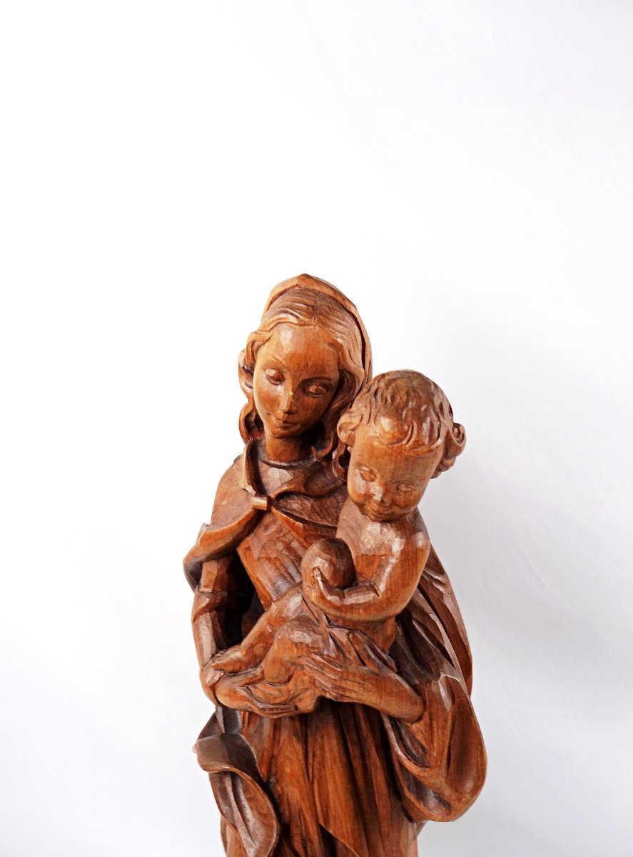 Virgin And Child, Carved From Linden Wood, German, Religious Art From Tyrol, Mid-20th Century-photo-3