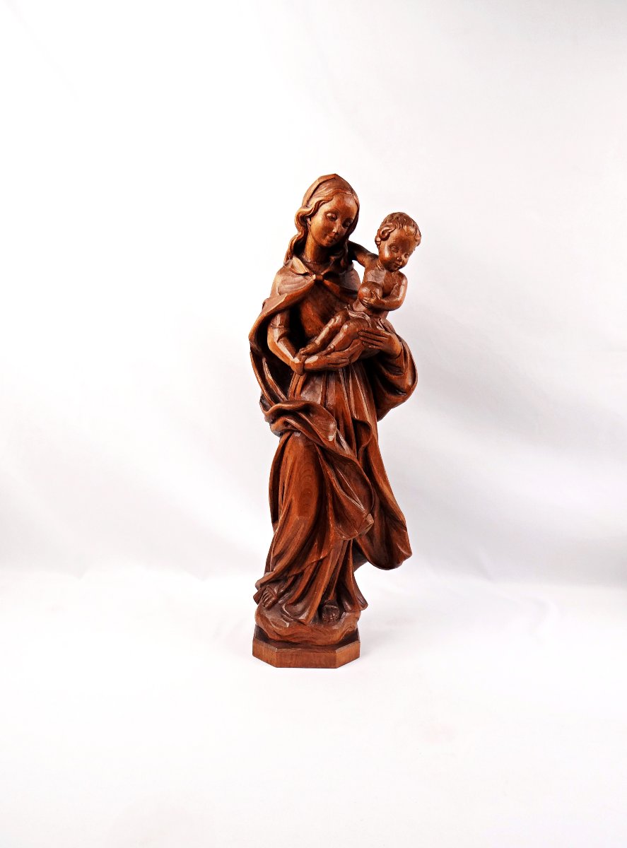 Virgin And Child, Carved From Linden Wood, German, Religious Art From Tyrol, Mid-20th Century
