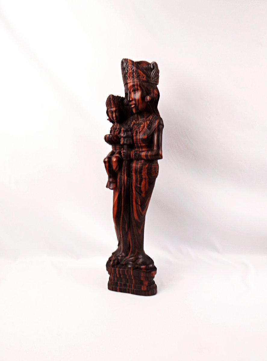 Virgin And Child, Carved From Macassar Ebony, Balinese Religious Craft, Mid-20th Century-photo-3