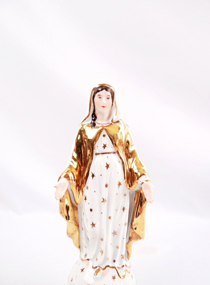 Vierge Immaculée Conception en porcelaine de Paris émaillée blanche & or XIXe-photo-3