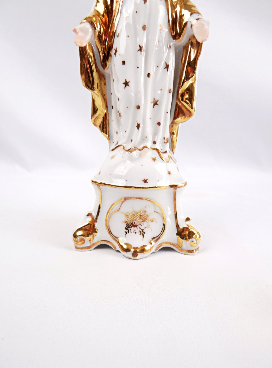 Vierge Immaculée Conception en porcelaine de Paris émaillée blanche & or XIXe-photo-4