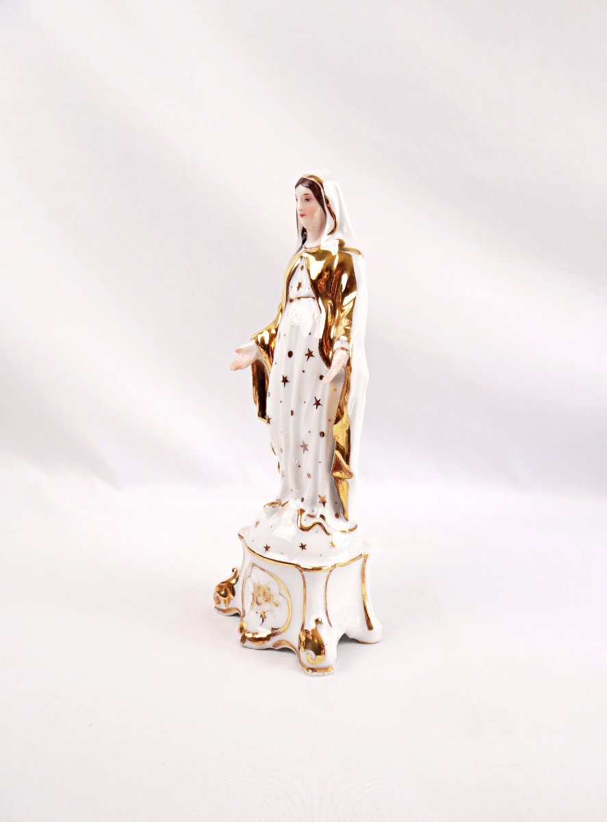 Vierge Immaculée Conception en porcelaine de Paris émaillée blanche & or XIXe-photo-1