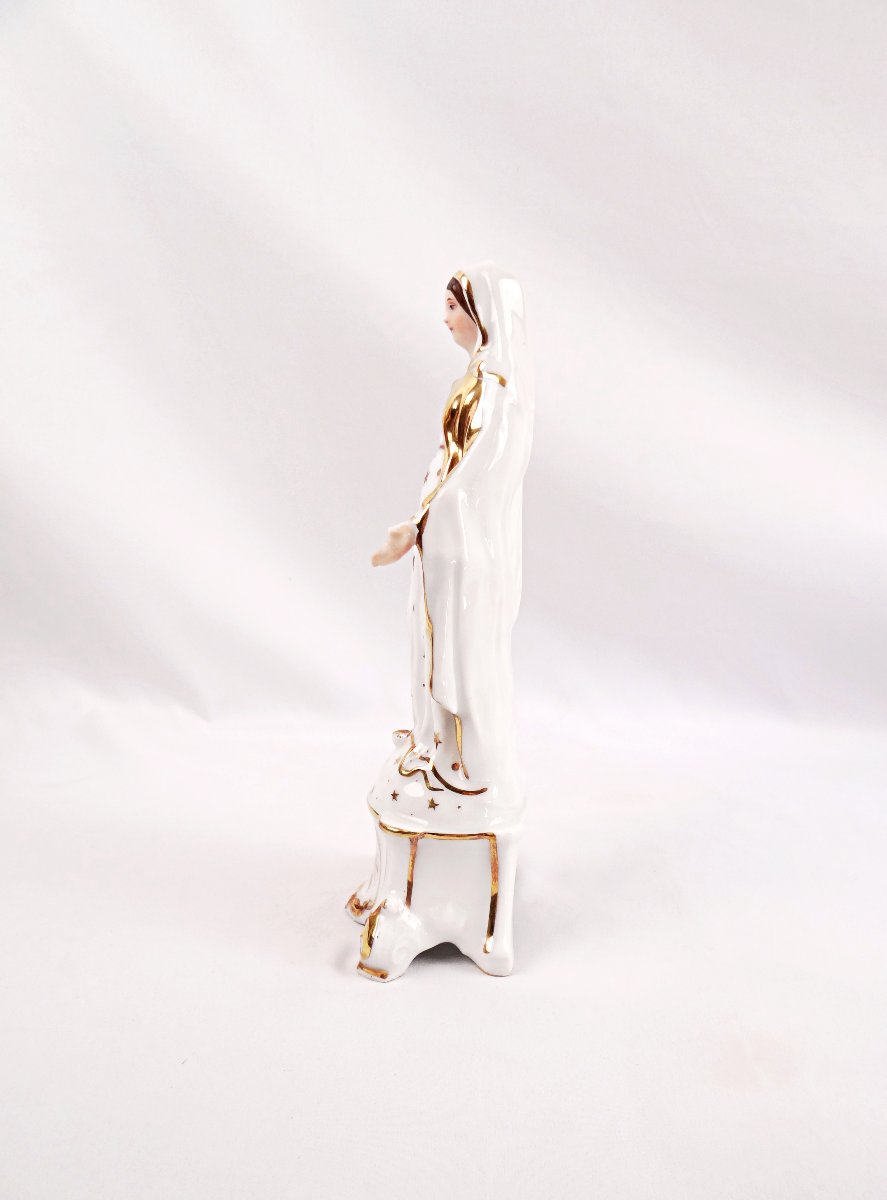 Vierge Immaculée Conception en porcelaine de Paris émaillée blanche & or XIXe-photo-2