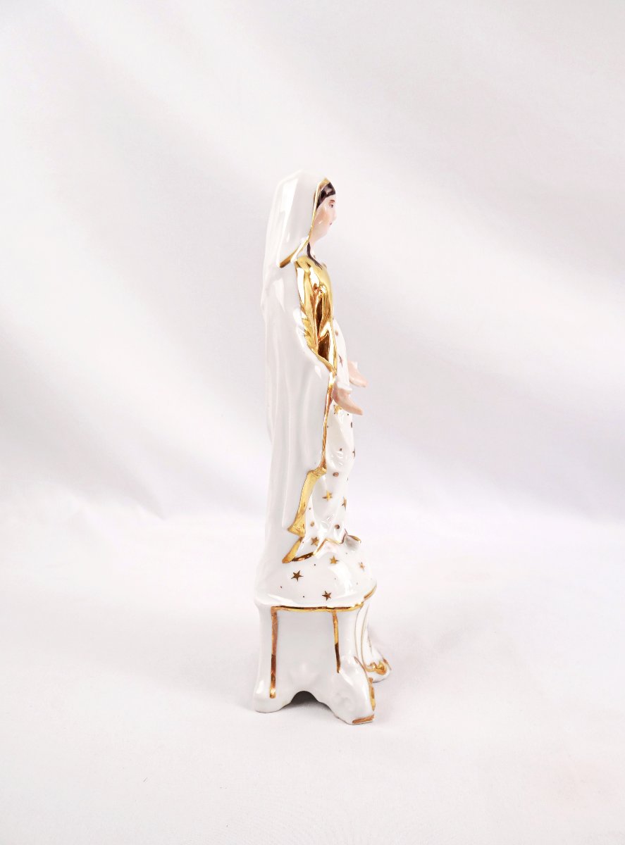 Vierge Immaculée Conception en porcelaine de Paris émaillée blanche & or XIXe-photo-4