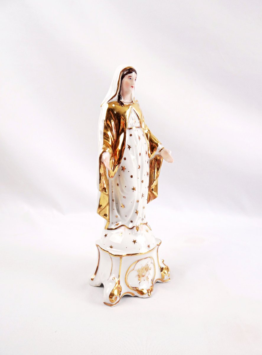 Vierge Immaculée Conception en porcelaine de Paris émaillée blanche & or XIXe-photo-5
