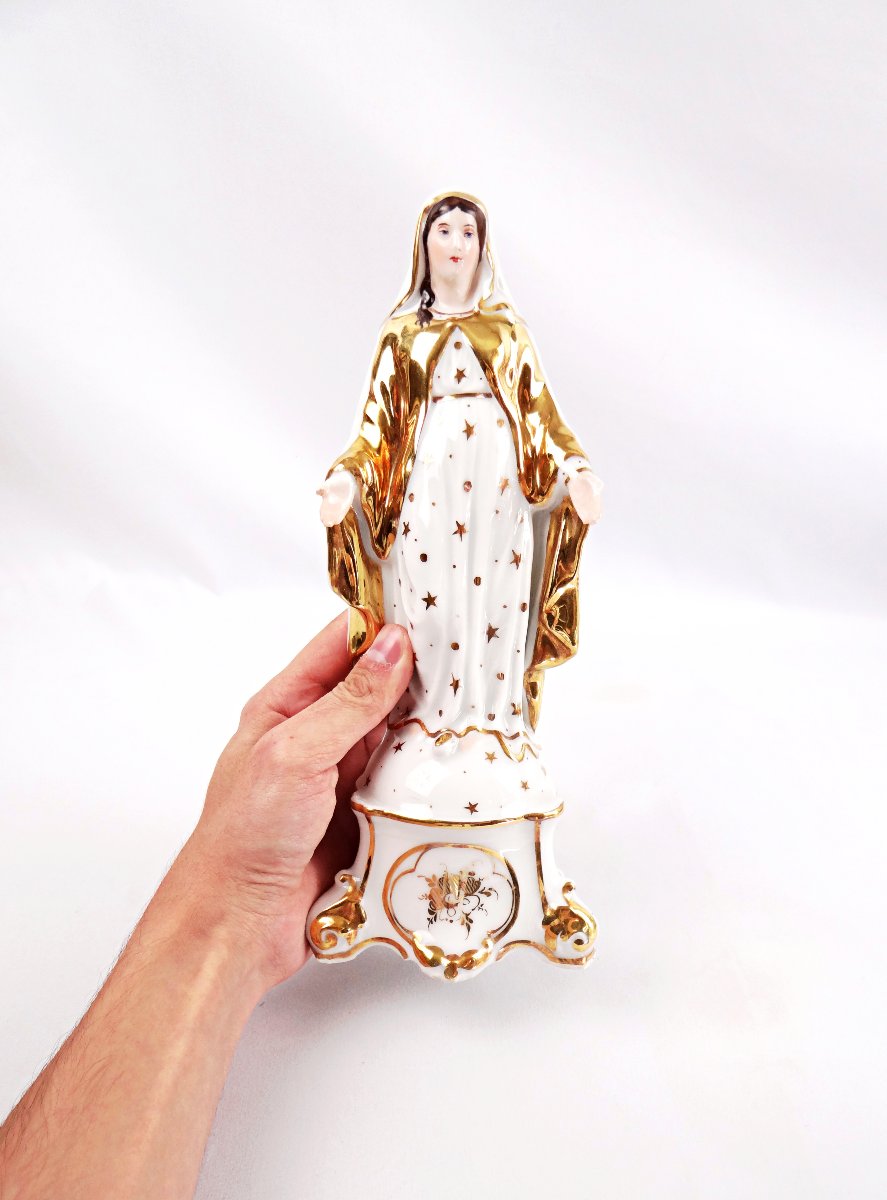 Vierge Immaculée Conception en porcelaine de Paris émaillée blanche & or XIXe-photo-6