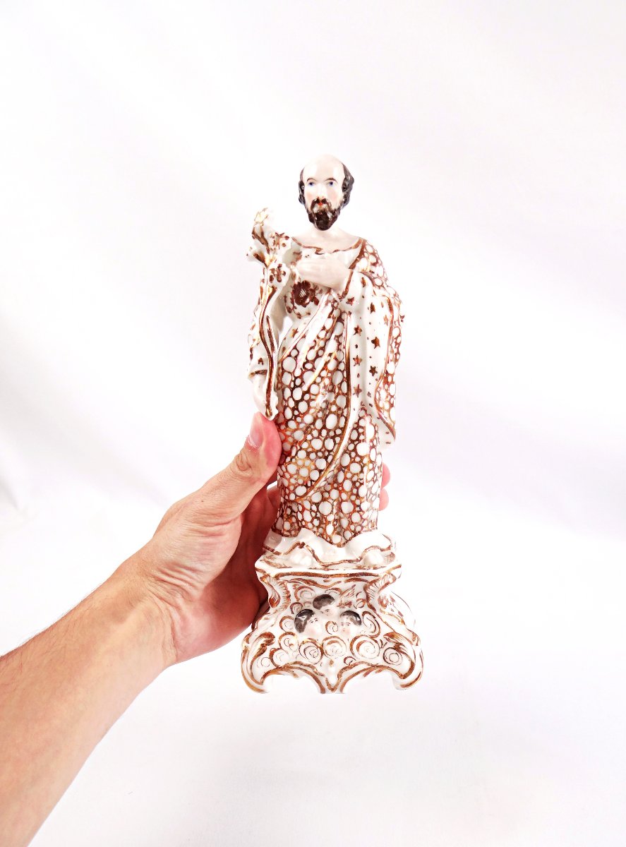 Saint Joseph à la fleur de lys en porcelaine de Paris émaillée blanche & or XIXe-photo-3