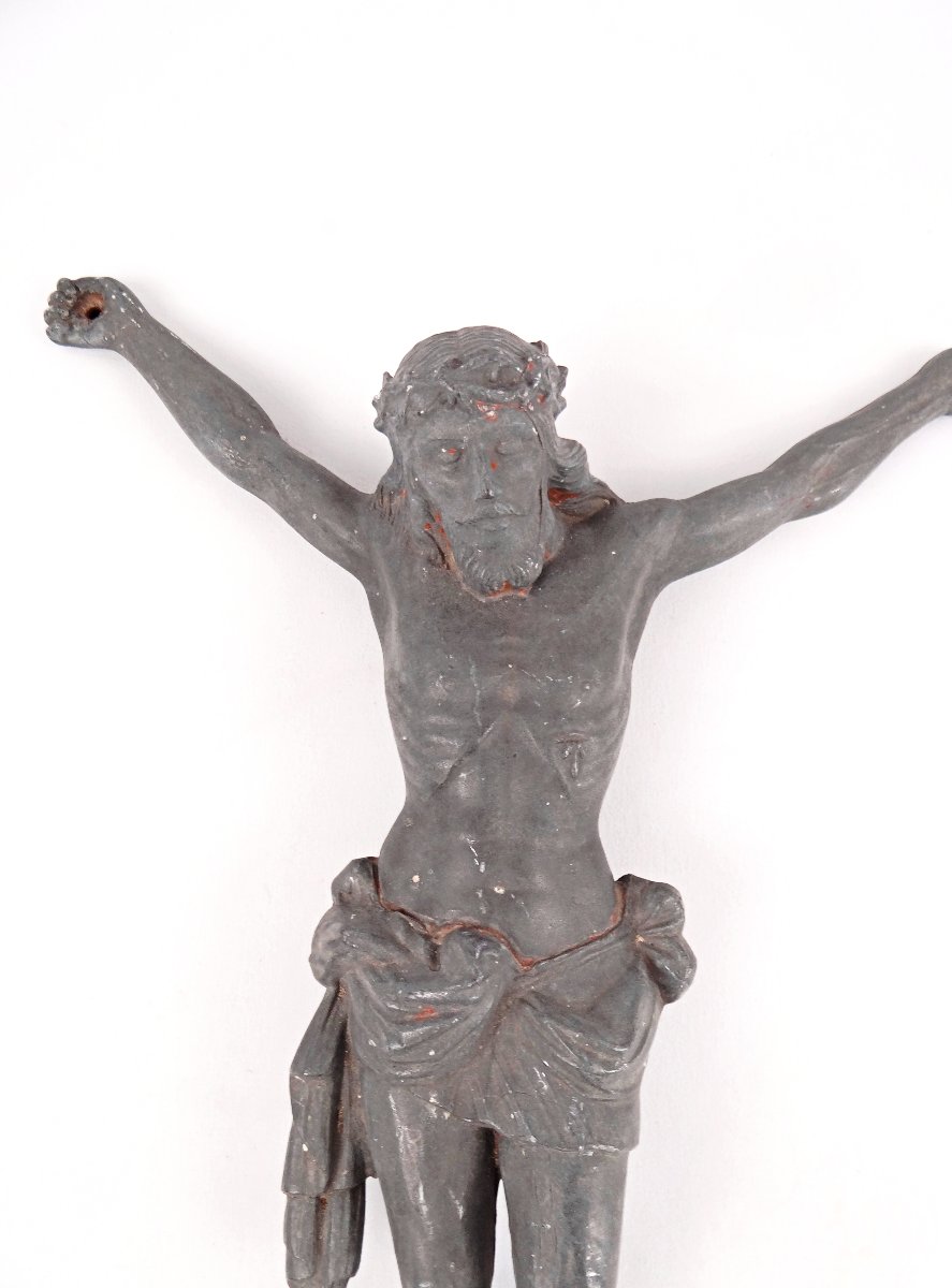 Ancien Corpus du Christ couronné Art Déco sculpture en régule signée E. Vlaminck-photo-4