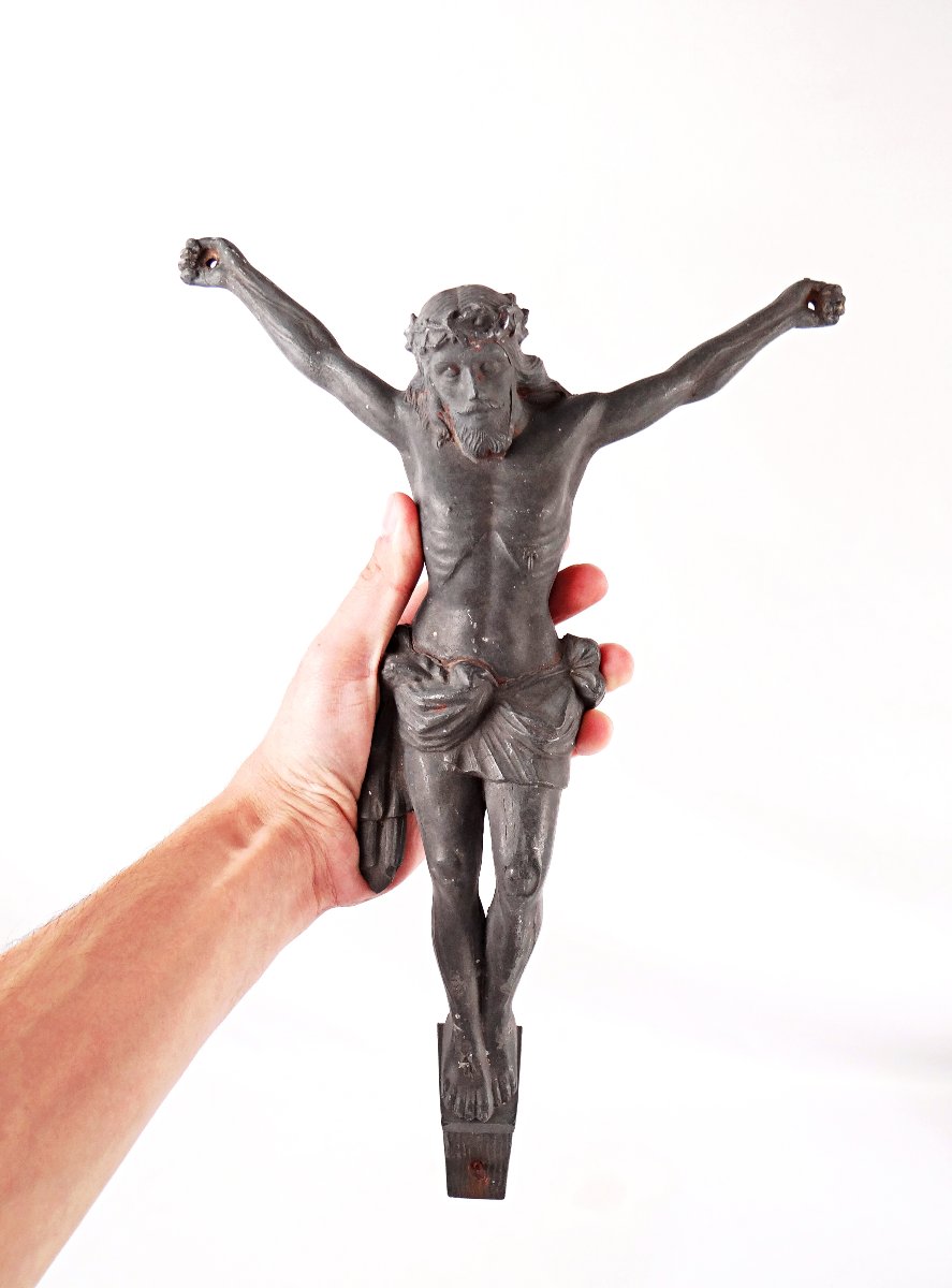 Ancien Corpus du Christ couronné Art Déco sculpture en régule signée E. Vlaminck-photo-5