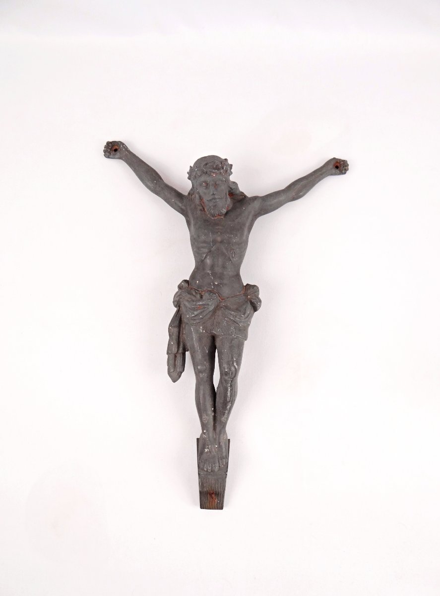 Ancien Corpus du Christ couronné Art Déco sculpture en régule signée E. Vlaminck