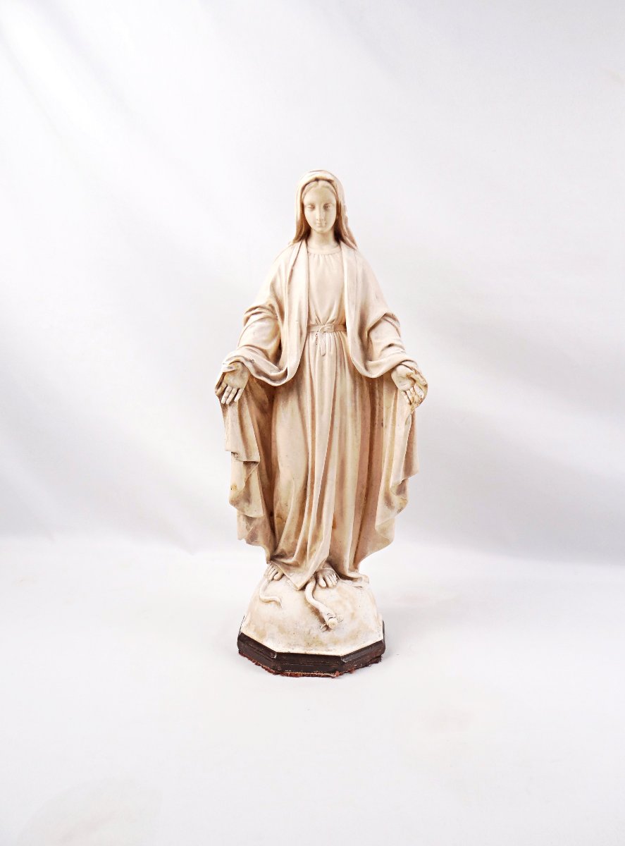Vierge Marie Immaculée Art Déco sculpture en plâtre signée Bacci début XXe