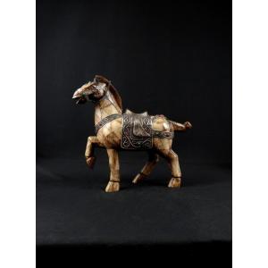 Tang Horse In Chinese Buffalo Bone, Metal Ornament & Glass Cabochon, 19th Century