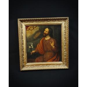 Saint Joseph tenant un Lys, huile sur toile école Française du XVIIIème 51x48 cadre bois doré