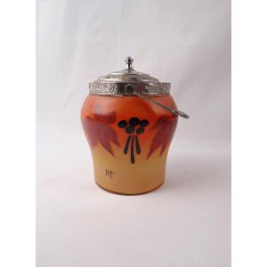 Legras-montjoye Art Deco Biscuit Bucket In Enamelled And Painted Orange And Yellow Glass