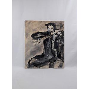 The Violinist's Passion, Oil On Canvas, Expressionist Style, 61x50 Cm, Signed Guettier