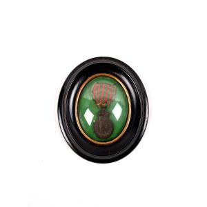 Médaille de Sainte Hélène XIXe Napoléon III cadre en bois noir et verre bombé