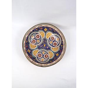 Grand plat creux Art Déco Marocain en céramique émaillée à décor floral bleu
