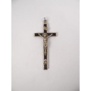 Pendentif crucifix pectoral métal & bois d'ébène INRI époque Napoléon III