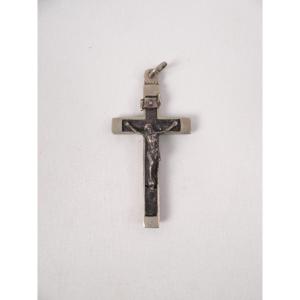 Pendentif crucifix pectoral métal & bois d'ébène INRI époque Napoléon III