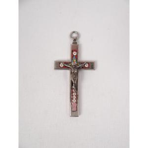 Pendentif crucifix pectoral métal & mosaïque polychrome époque Napoléon III XIXe