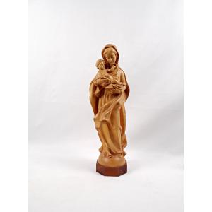 Virgin And Child In Carved Wood, German Religious Art From Tyrol, Mid-20th Century