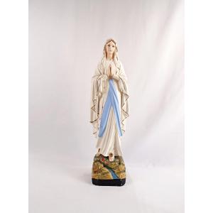 Statue Art Deco Notre-Dame de Lourdes en plâtre polychrome signée Alban Pene