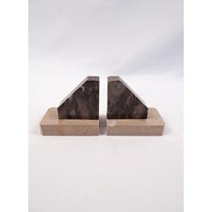 Pair Of Geometric Art Deco Bookends In Black & Beige Veined Marble, Early 20th Century