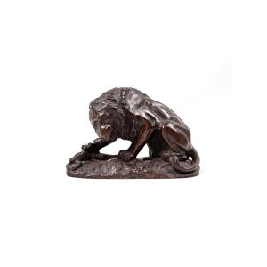 Bronze Sculpture Of A Lion With A Snake In The Style Of Antoine Louis Barye 19th Century