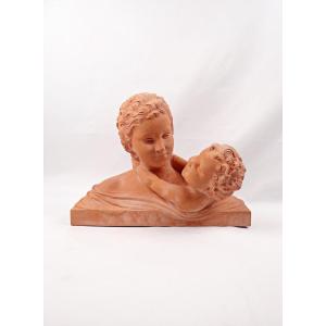 Art Deco Group Of A Mother & Child Terracotta Signed Ugo Cipriani Early 20th Century