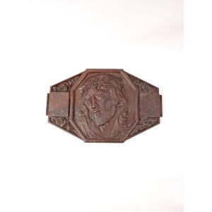 Plaque murale Art Déco bronze du Christ couronne d'épines signée M Thomas début XXe