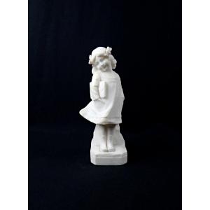 Art Nouveau Alabaster Sculpture By E. Battiglia Depicting A Young Schoolgirl, Late 19th Century