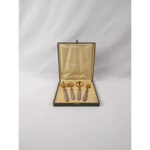 Art Deco Dessert Set In Silver With A Minerva Head Motif And Gilded Metal, Early 20th Century 