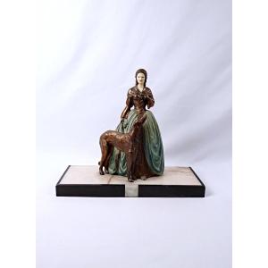Jeune femme au lévrier Art Déco groupe en régule et onyx signé R. Miandres début XXe