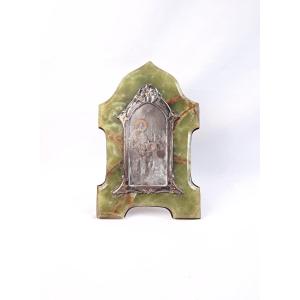 Plaque souvenir de communion Art Nouveau en onyx vert veiné & bronze début XXe 