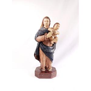 Polychrome Wooden Virgin And Child, Hungarian Religious Folk Art, Late 18th Century