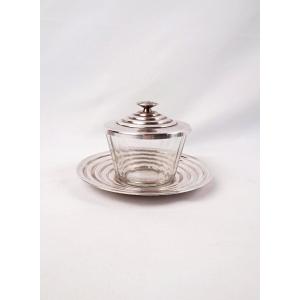 Luc Lanel Jam Jar For Christofle Art Deco, "ondulation" Model, Glass & Silver-plated Metal