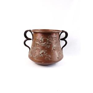Chaudron ou Cache pot en cuivre Art Nouveau signé L. Guibard fin XIXe