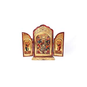 Icône du Christ et ses apôtres peinture tempéra à l'œuf en triptyque milieu XXe