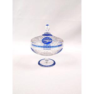 19th-century Bohemian Glass Candy Dish On A Foot, Engraved With Rocaille And Foliage Motifs