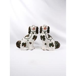 Pair Of Staffordshire Dogs Made Of 19th-century English Polychrome Earthenware