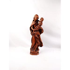 Virgin And Child, Carved From Linden Wood, German, Religious Art From Tyrol, Mid-20th Century