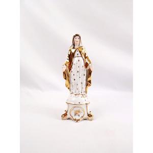 Vierge Immaculée Conception en porcelaine de Paris émaillée blanche & or XIXe