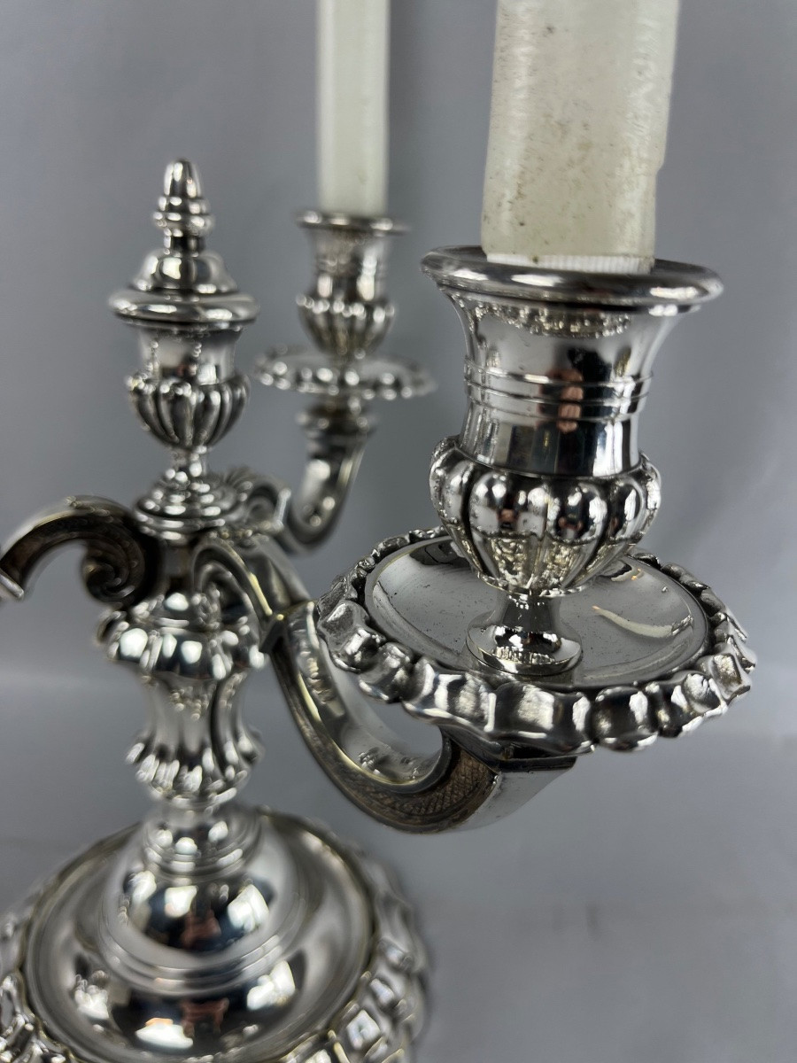 Paires de candélabres 3 bras en métal argenté -photo-2