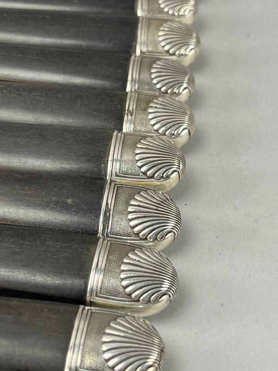 Cheese Knives With Ebony Handle And Silver Ferrule With Shell Decoration -photo-2