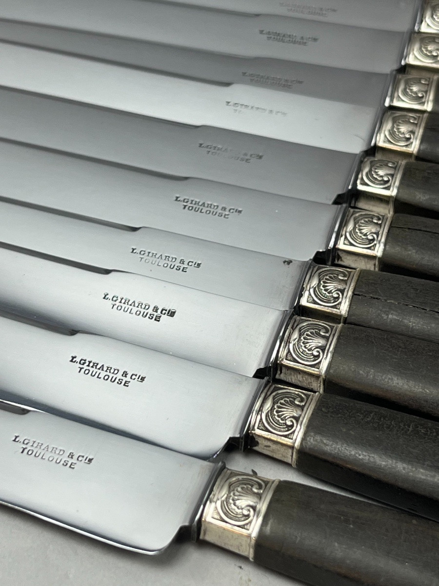 Cheese Knives With Ebony Handle And Silver Ferrule With Shell Decoration -photo-3