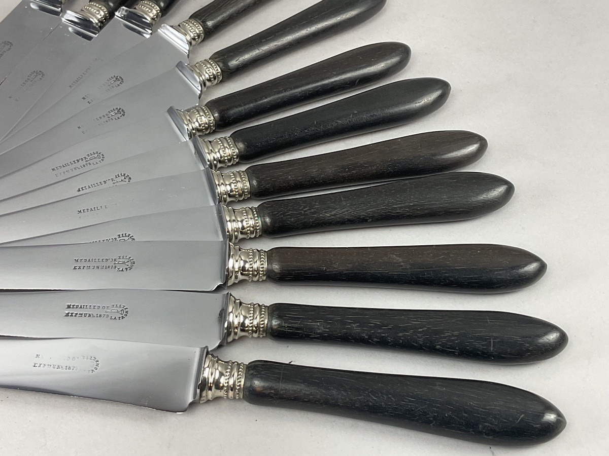 12 Table Knives With Ebony Handles And Pearl-decorated Ferrule -photo-4