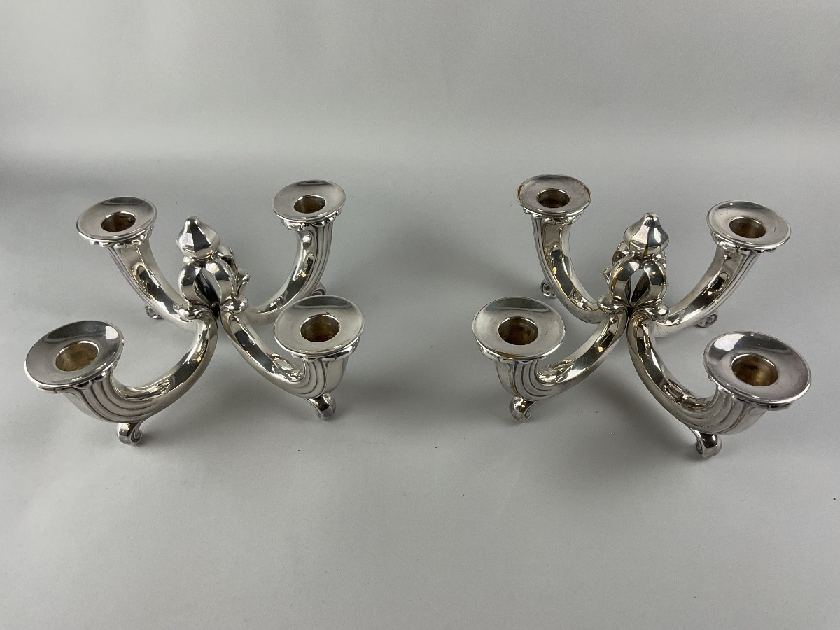 Pair Of Silver-plated Metal Candelabras Or Table Ends-photo-4