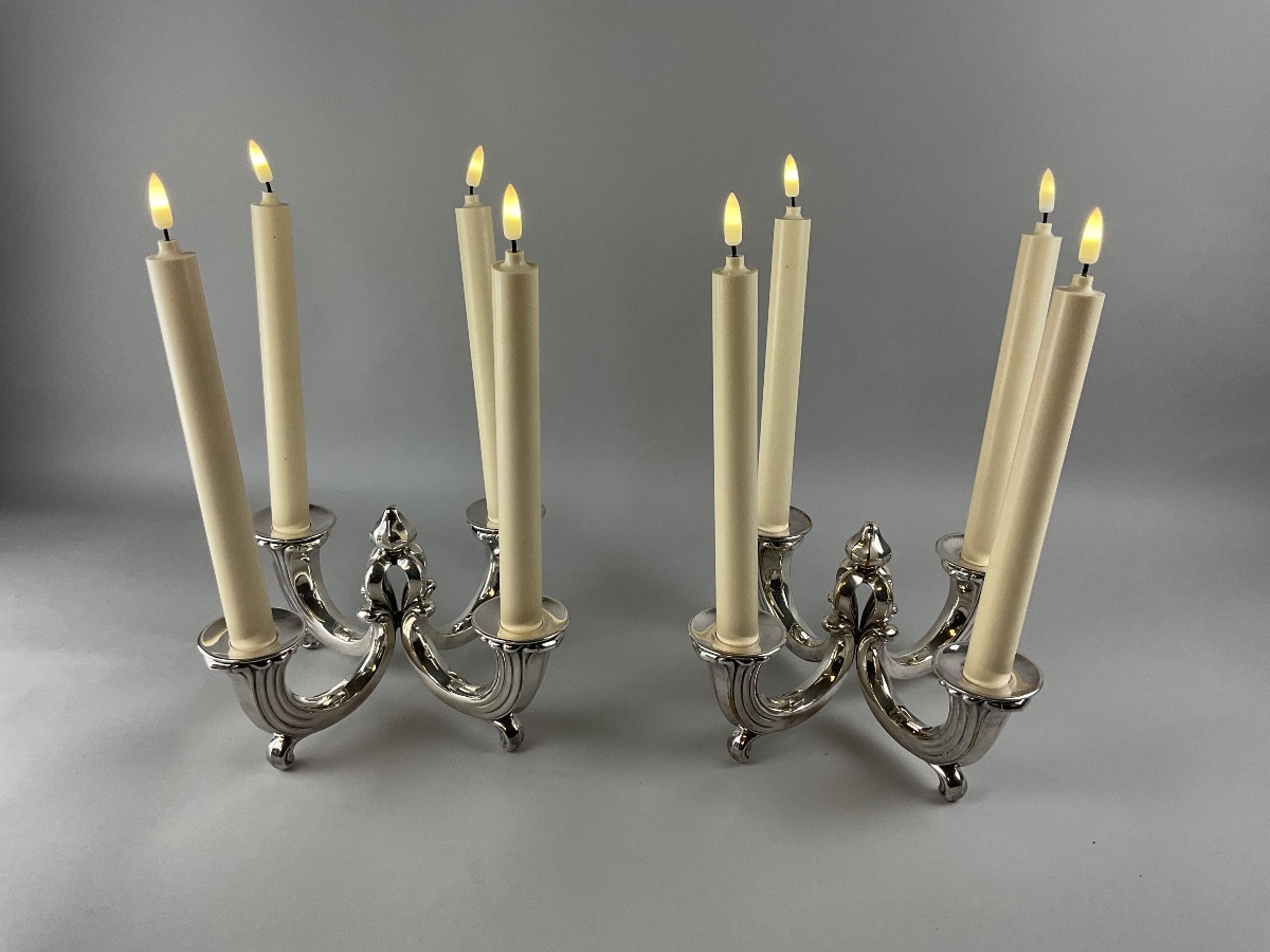 Pair Of Silver-plated Metal Candelabras Or Table Ends